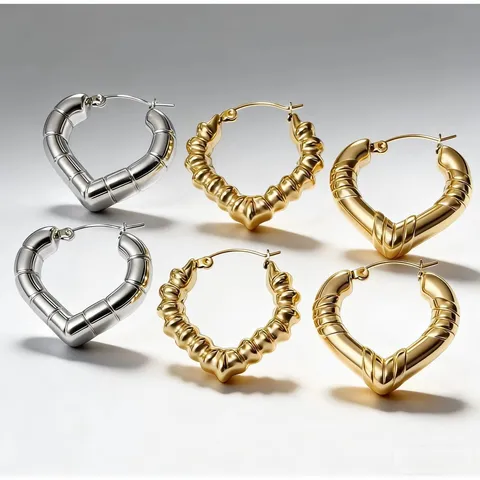 Stainless Steel Heart Hoop Earrings For Women Vintage Bamboo Texture Twisted Pattern Hollow Ear Buckle 18K Gold Plated Jewelry Gift