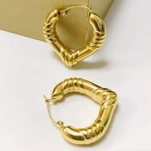 Stainless Steel Heart Hoop Earrings For Women Vintage Bamboo Texture Twisted Pattern Hollow Ear Buckle 18K Gold Plated Jewelry Gift