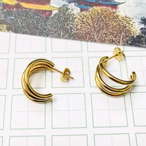 French Minimalist Stainless Steel Triple Hoop C-Shaped Stud Earrings Electroplated Multi Layer Ear Jewelry For Women Daily Accessory Gift
