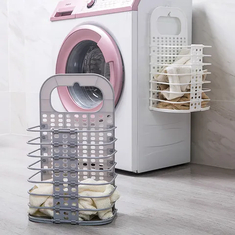 Foldable Laundry Basket Wall Mounted Plastic Dirty Clothes Storage Hamper Household Laundry Organizer For Bathroom