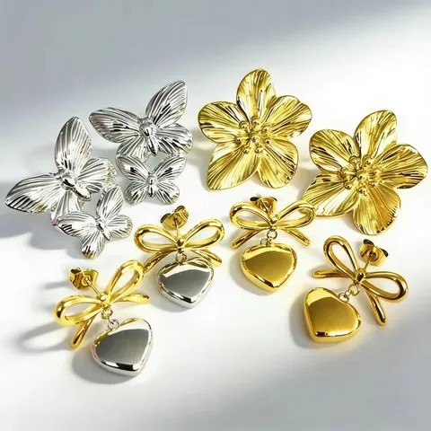 French Palace Style Bow Heart Flower Earrings Stainless Steel 18K Gold Plated Exaggerated Jewelry For Women Accessories