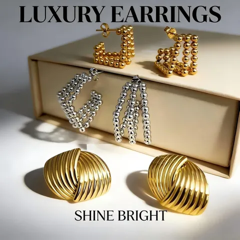 Stainless Steel Geometric Hoop Earrings For Women 18K Gold Plated Western Exaggerated Round Ball Stud Earrings Fashion Jewelry