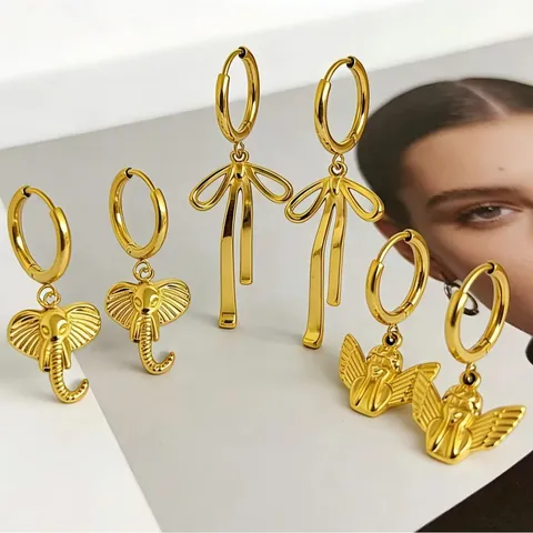 European American Style Stainless Steel Bowknot Angel Elephant Dangle Hoop Earrings 18K Gold Plated Minimalist Fashion Jewelry For Women