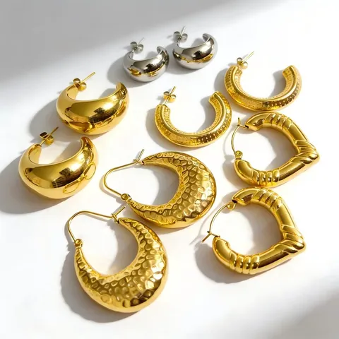 Fashion Stainless Steel C-Shaped Hammered Hoop Earrings 18K Gold Plated Heart Bamboo Joint Stud Earrings Women Jewelry