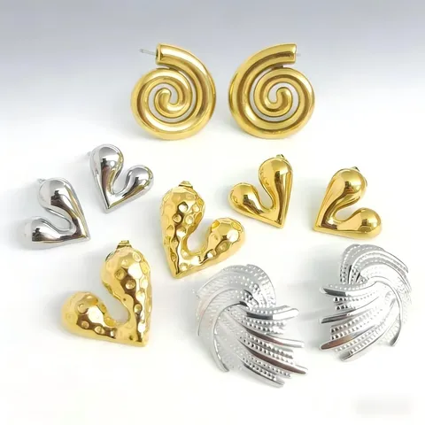 Heart Spiral Wing Hammered Stainless Steel Earrings For Women 18K Gold Plated Geometric Hollow Stud Earrings Fashion Jewelry