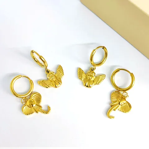 European American Style Stainless Steel Bowknot Angel Elephant Dangle Hoop Earrings 18K Gold Plated Minimalist Fashion Jewelry For Women
