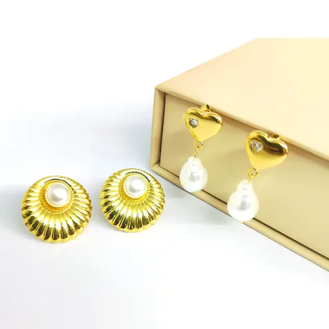 Stainless Steel Artificial Pearl Earrings For Women Gold Plated Double Square Heart Geometric Stud Earrings Vintage Shell Jewelry