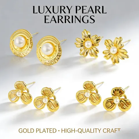 Luxury Stainless Steel Artificial Pearl Stud Earrings Elegant Gold Plated Flower Geometric Ear Studs Jewelry For Women