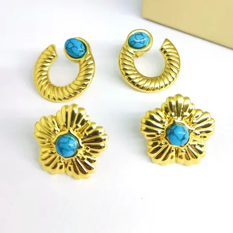French Vintage Stainless Steel Gold Earrings For Women Rhinestone Palace Style Geometric Flower Heart Hoop Stud Earrings Luxury Fashion Jewelry Gift