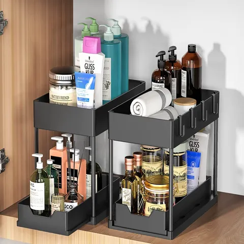 Double Tier Pull Out Under Sink Organizer Plastic Sliding Storage Basket Rack With Hooks For Kitchen Bathroom Countertop