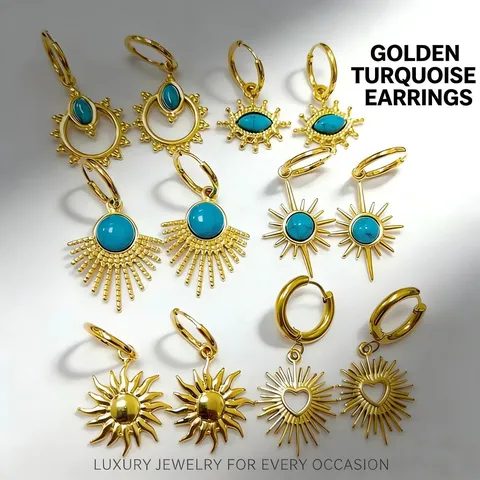 Stainless Steel 18K Gold Plated Turquoise Hoop Earrings For Women Ins Style Sunburst Heart Evil Eye Pendant Jewelry