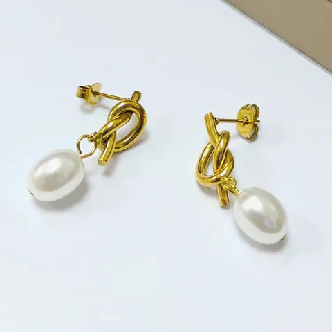18K Gold Plated Stainless Steel Hoop Earrings For Women Knot Artificial Pearl Geometric Square Drop Earrings Minimalist Huggie Ear Clips Jewelry Gift