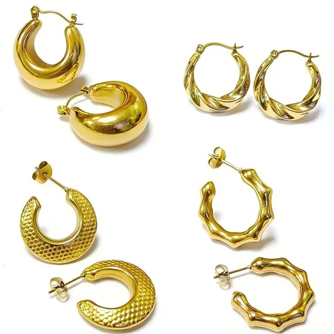 Exquisite Stainless Steel 18K Gold Plated Crescent Moon Hoop Earrings For Women Men Minimalist Bamboo Joint Twisted Pattern Geometric Ear Buckle Earrings Jewelry Gift