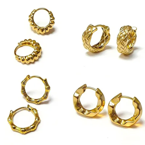 18K Gold Plated Metal Hoop Earrings For Women Geometric Bamboo Texture Argyle Double Sided Ear Buckle Fashion Jewelry Gift