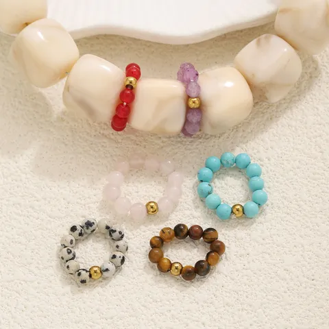 Natural Stone Beaded Elastic Rings 304 Stainless Steel Beads Agate Amethyst Turquoise DIY Jewelry Findings Ring Gift