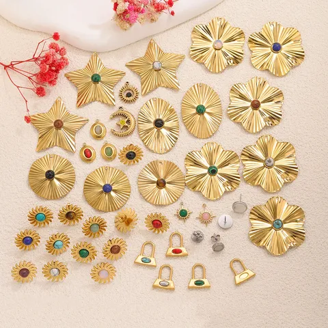 Collection de Pendentifs Charme Étoile Lune Géométrique en Pierre Incrustée de Motif de Soleil Floral Électroplaqué en Acier Inoxydable Vintage pour la Fabrication de Bijoux DIY