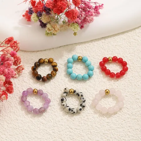 Natural Stone Beaded Elastic Rings 304 Stainless Steel Beads Agate Amethyst Turquoise DIY Jewelry Findings Ring Gift