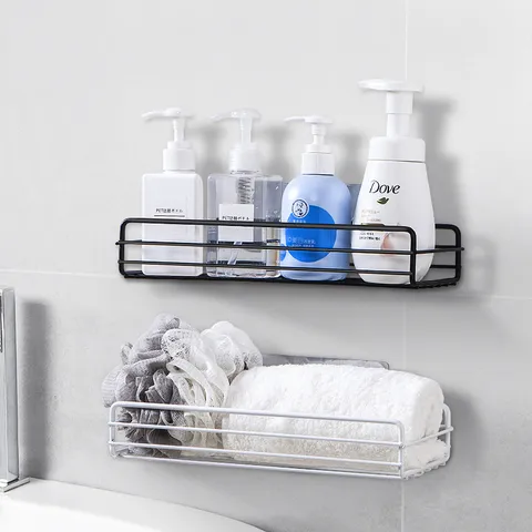 Minimalist Iron Bathroom Storage Rack for Wall Mounting Punch Free Hanging Basket