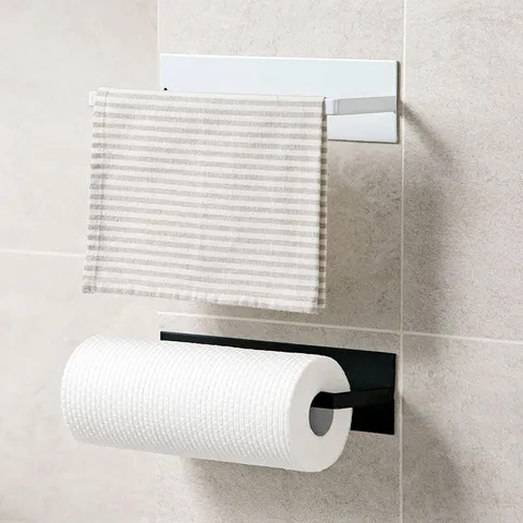 Carbon Steel Kitchen Paper Towel Holder Punch Free Wall Mounted Hanging Rag Cling Film Storage Rack Roll Paper Organizer
