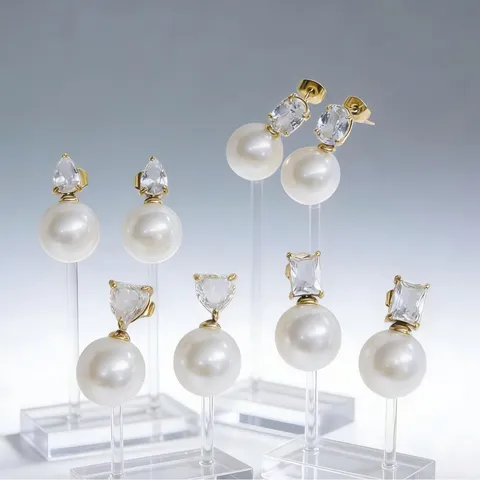 Korean Style Stainless Steel Rhinestone Artificial Pearl Stud Earrings Elegant Geometric Heart Waterdrop Pendant Earrings For Women
