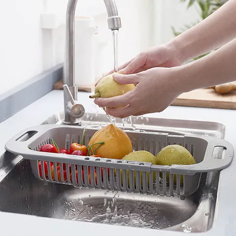 Retractable Sink Drain Rack Plastic Kitchen Dish Draining Basket Fruit Vegetable Storage Organizer Multifunctional Kitchen Tool