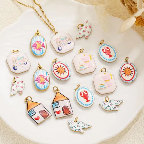 Dijes de Acero Inoxidable de Esmalte Dibujos Animados para Fabricación de Joyas DIY Colgantes para Pulsera Collar Pintados a Mano Casa Sol Langosta Paloma