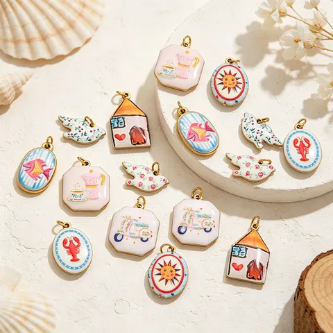 Dijes de Acero Inoxidable de Esmalte Dibujos Animados para Fabricación de Joyas DIY Colgantes para Pulsera Collar Pintados a Mano Casa Sol Langosta Paloma