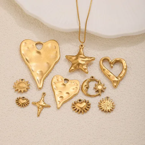 Retro Textured Stainless Steel Pendants 18K Gold Plated Heart Moon Sun Star DIY Handmade Jewelry Making Findings Charms