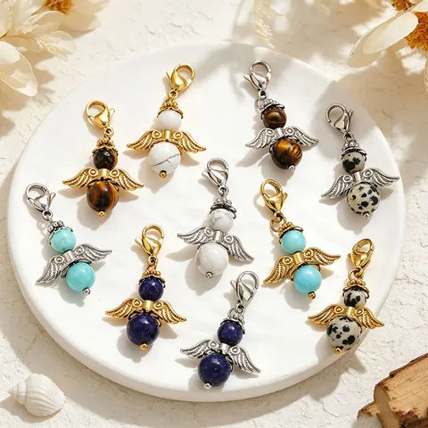 Colgante de Alas de Ángel de Piedra Natural y Acero Inoxidable Vintage Con Cierre de Langosta Ojo de Tigre Turquesa Joyería DIY Hallazgos