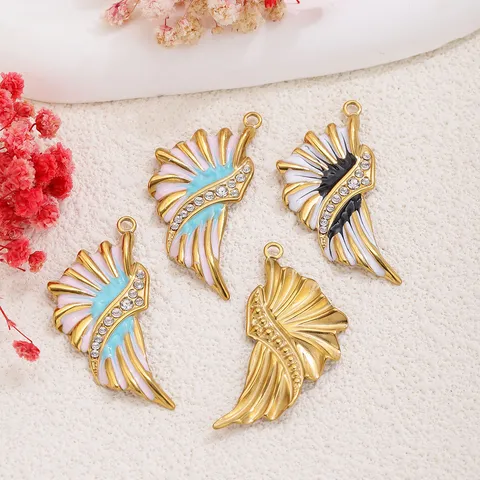 Retro Edelstahl Flügel Anhänger Emaille Strass Flügel Charm Für Halskette Armband DIY Schmuckherstellung Damen Herren
