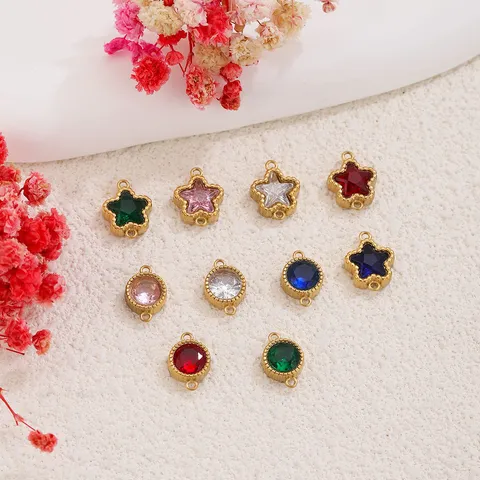 Stainless Steel Vintage Round Star Double Loop Pendants DIY Necklace Bracelet Jewelry Making Rhinestone Inlaid Connector Charms