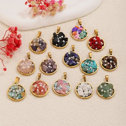 Stainless Steel Natural Crushed Stone Artificial Pearl Inlaid Round Pendant For DIY Necklace Jewelry Making Accessories For Women