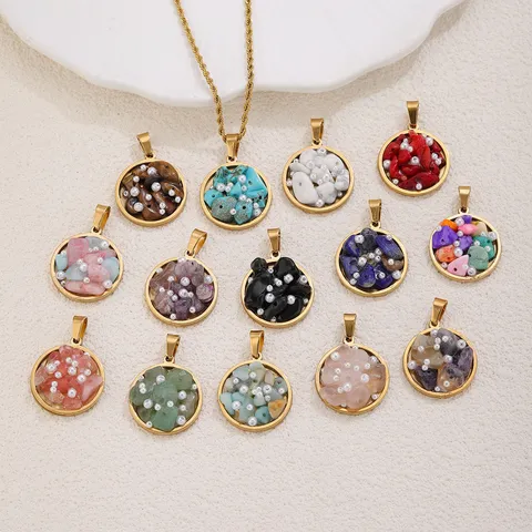 Stainless Steel Natural Crushed Stone Artificial Pearl Inlaid Round Pendant For DIY Necklace Jewelry Making Accessories For Women