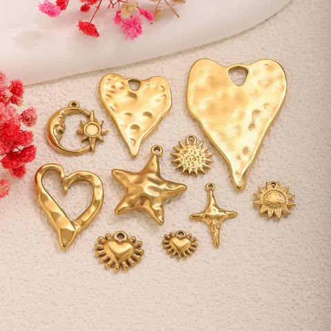 Retro Textured Stainless Steel Pendants 18K Gold Plated Heart Moon Sun Star DIY Handmade Jewelry Making Findings Charms