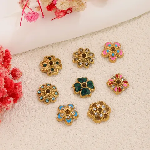 Caperuzas y Separadores de Cuentas de Flor de Acero Inoxidable Esmalte Strass Floral Cuentas Sueltas para Fabricación de Joyas de Pulsera DIY