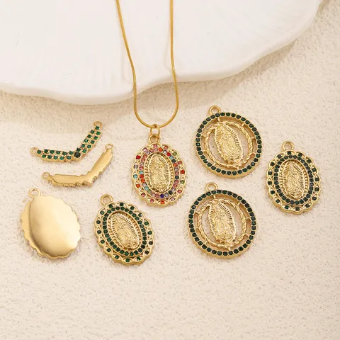 18K Vergoldet Edelstahl Doppelreihig Oval Geometrisch Anhänger Vintage Religiöse Jungfrau Maria Strass Halskette DIY Schmuck Zubehör
