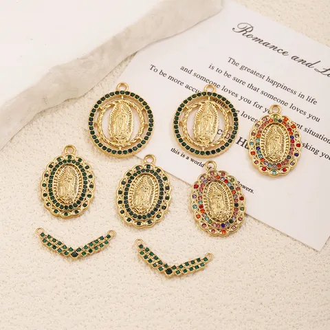 18K Vergoldet Edelstahl Doppelreihig Oval Geometrisch Anhänger Vintage Religiöse Jungfrau Maria Strass Halskette DIY Schmuck Zubehör