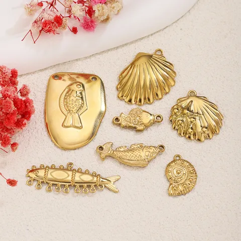 Stainless Steel Ocean Style Pendant 18K Gold Plated Marine Life Charms For DIY Jewelry Making Koi Fish Shell Conch Craft Accessories