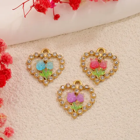 Edelstahl Herz Tulpe Anhänger Strass Emaille Farbige Glasur DIY Schmuckherstellung Nur Anhänger Ohne Kette Für Halskette