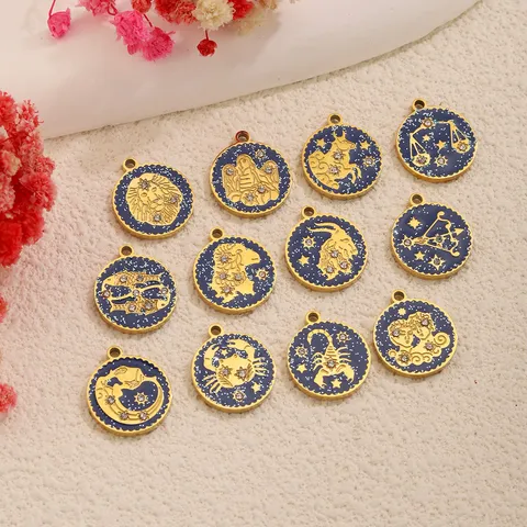 Stainless Steel 18K Gold Plated Twelve Zodiac Signs Pendants Starry Sky Enamel Rhinestone Charms For DIY Jewelry Making