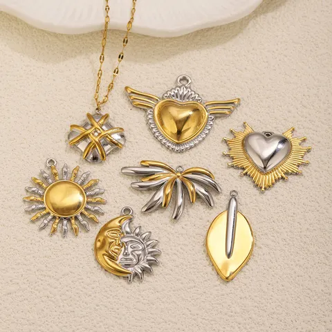 Pendentifs Vintage en Acier Inoxydable Bicolore pour Création Bijoux DIY Collier Bracelet Soleil Lune Coeur Aile Feuille Floral