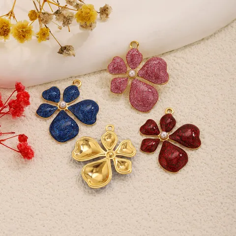 Stainless Steel Five-Petal Flower Heart Pendants With Artificial Pearl Gold Plated Glitter Enamel Charms For DIY Jewelry Making Necklace Bracelet Women
