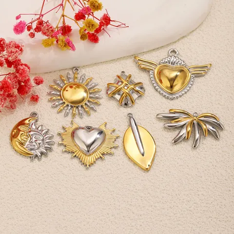 Pendentifs Vintage en Acier Inoxydable Bicolore pour Création Bijoux DIY Collier Bracelet Soleil Lune Coeur Aile Feuille Floral
