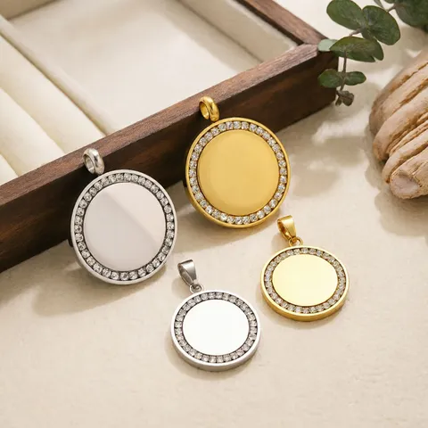 Stainless Steel Round Tag Pendant With Rhinestones DIY Jewelry Making Blank Circle Engravable Charm For Necklace Making For Women