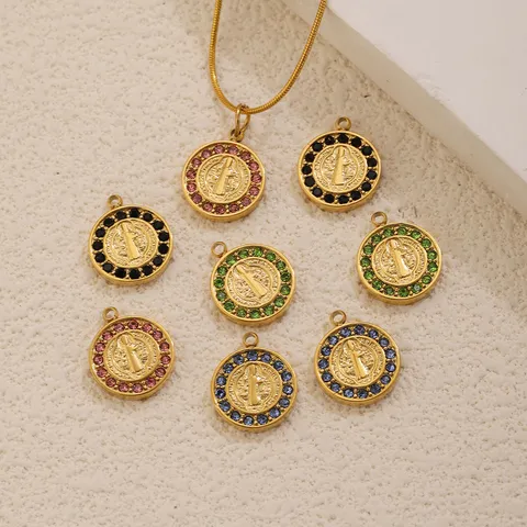 Vintage Stainless Steel Round St Benedict Medal Pendant Inlaid Colorful Rhinestone For DIY Jewelry Making Bracelet Necklace Accessories For Women