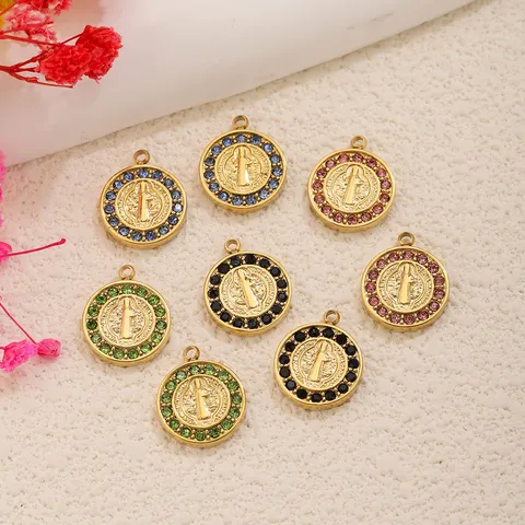 Vintage Stainless Steel Round St Benedict Medal Pendant Inlaid Colorful Rhinestone For DIY Jewelry Making Bracelet Necklace Accessories For Women