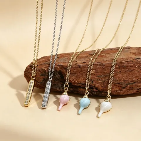 Fashion Copper Gold Plated Vertical Bar Conch Pendant Necklace For Women Shiny Zirconia Enamel Macaron Sea Shell Elegant Charm Neckwear Daily Jewelry