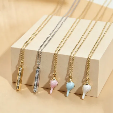 Fashion Copper Gold Plated Vertical Bar Conch Pendant Necklace For Women Shiny Zirconia Enamel Macaron Sea Shell Elegant Charm Neckwear Daily Jewelry