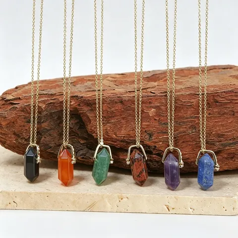 Natural Crystal Hexagonal Prism Necklace For Women Gold Plated Rotating Clasp Double Point Stone Pendant Fashion Jewelry