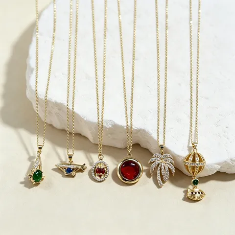 Vintage Gold Plated Copper Colorful Rhinestone Pendant Necklace French Style Travel Coconut Tree Airplane Globe Choker Chain For Women Jewelry